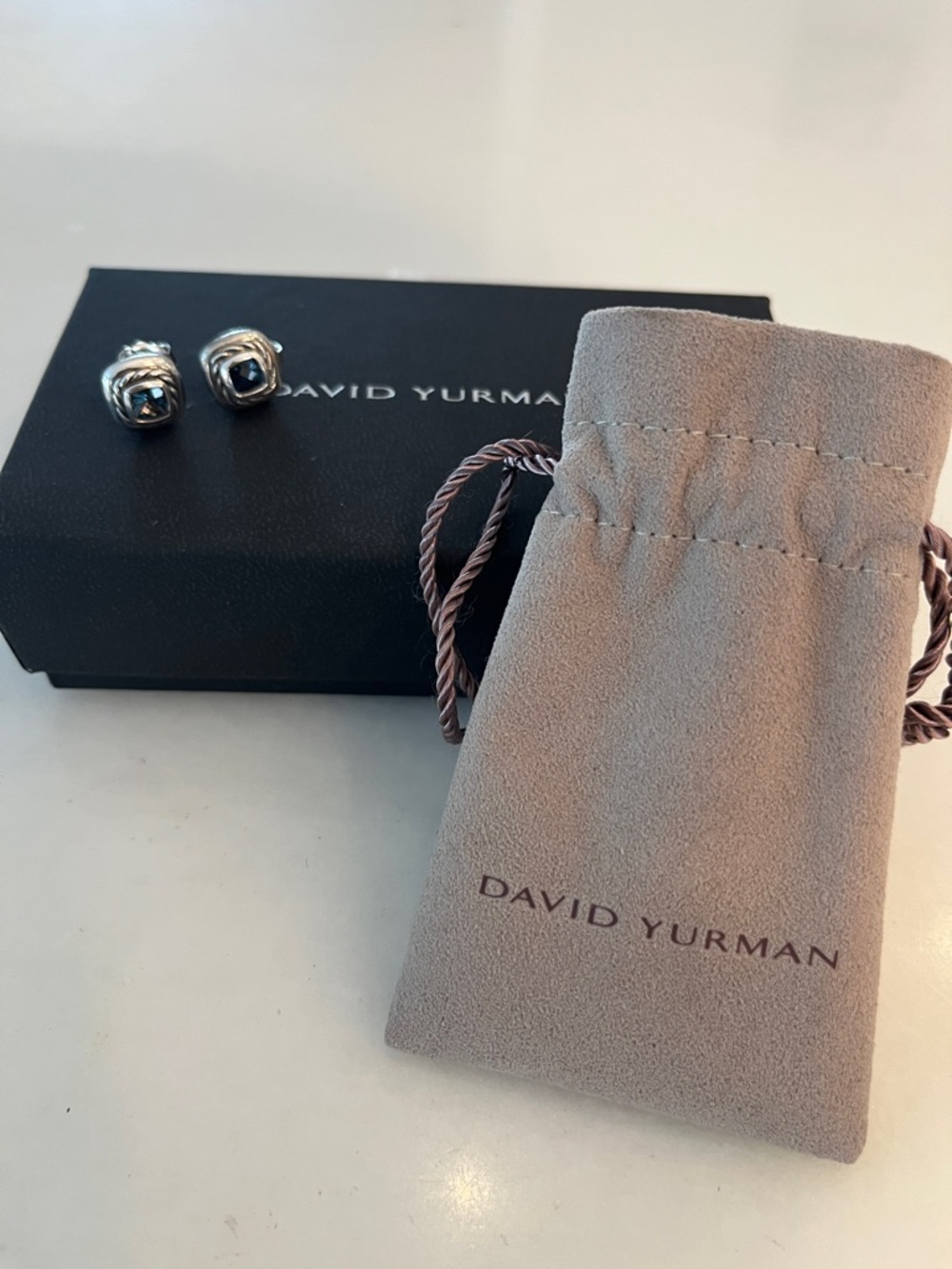 David Yurman Petite Sterling Silver Stud Earrings with Blue Topaz - Picture 3 of 6